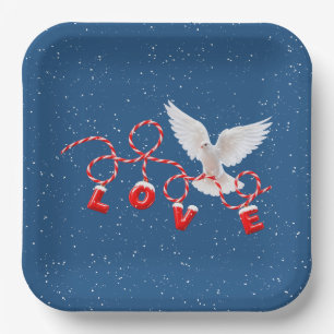 LOVE Christmas White Dove in Snowflakes Paper Plate