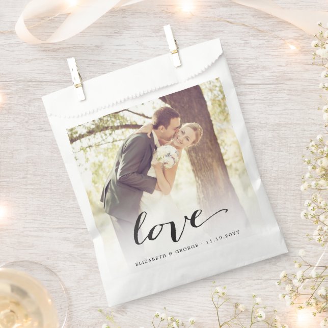 Love Classic Script Chic Calligraphy Photo Wedding Favour Bags (Clipped)