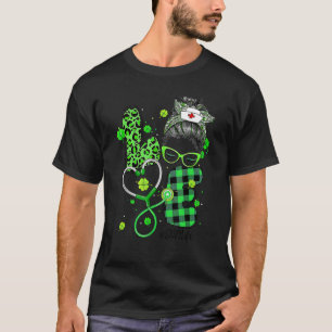Love Cna Nurse Life Messy Bun Leopard Irish St Pat T-Shirt