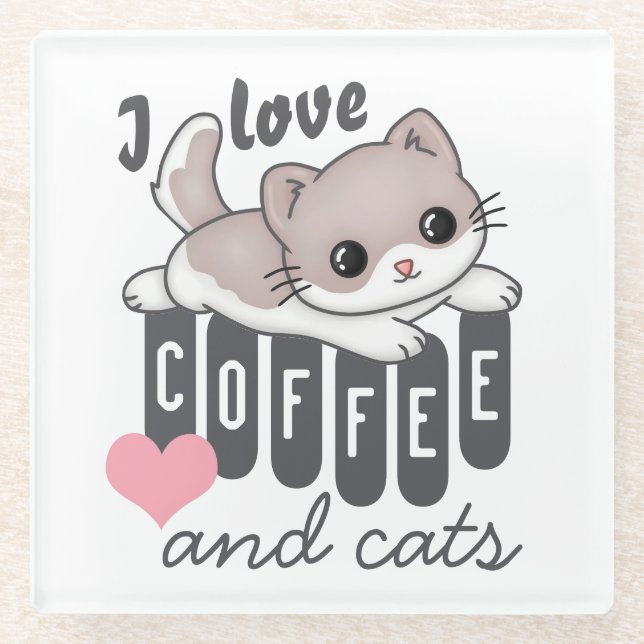 Love Coffee and Cats Cute Glass Coaster (Front)