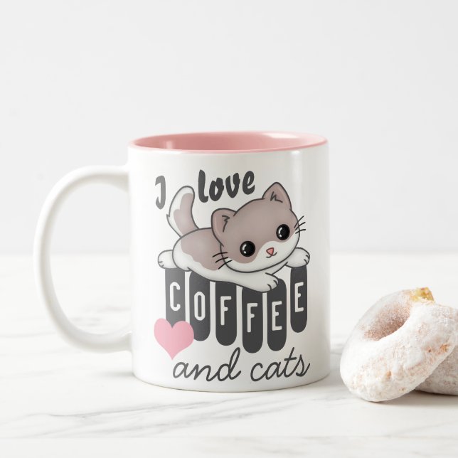 Love Coffee and Cats Cute Two-Tone Coffee Mug (With Donut)