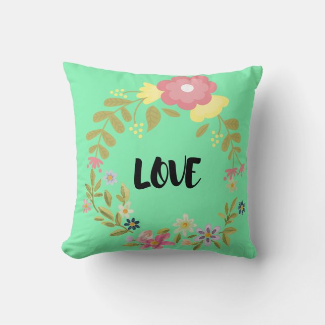 "LOVE" Colorful Watercolor Floral Wreath Throw Cushion (Front)
