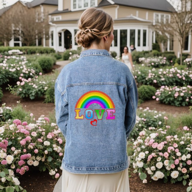 Love Colourful Rainbow Red Heart Denim Jacket (Wedding Back)