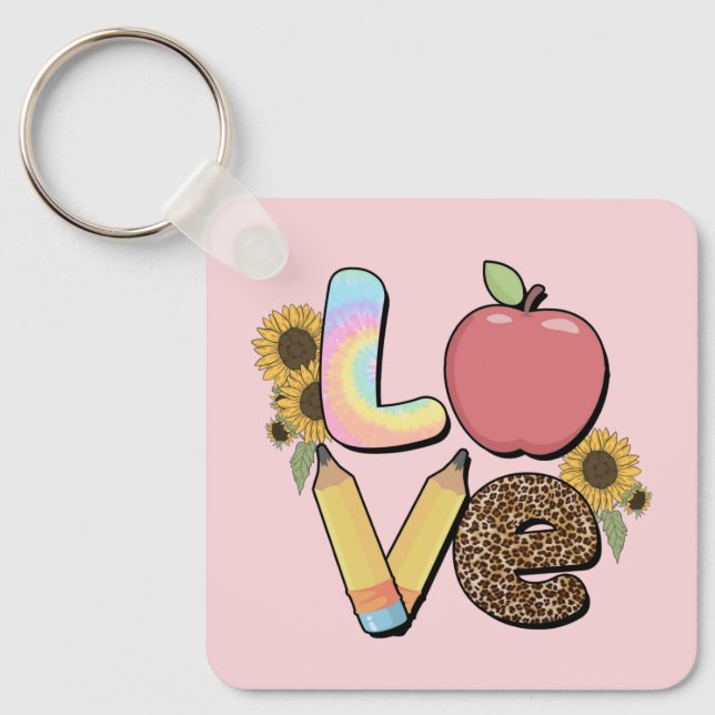 Love - Colourful Teacher Design with Apple & Penci Key Ring (Front)