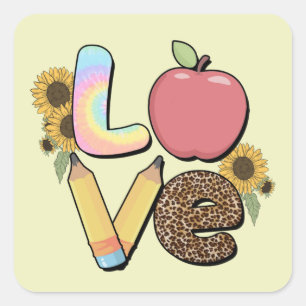 Love - Colourful Teacher Design with Apple & Penci Square Sticker