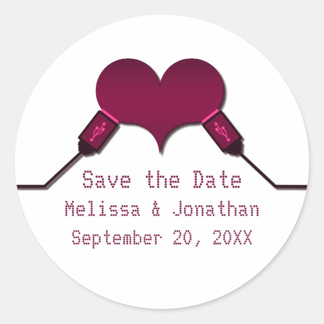 Love Connection USB Save the Date Stickers, Fuchsi Classic Round Sticker (Front)