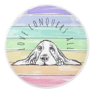 love conquers all dog rainbow basset hound ceramic knob