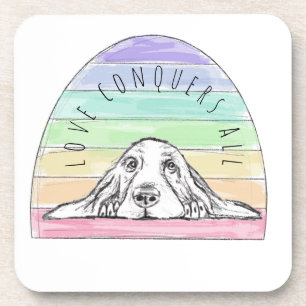 love conquers all dog rainbow basset hound coaster