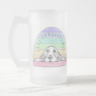 love conquers all dog rainbow basset hound  frosted glass beer mug