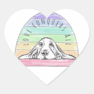 love conquers all dog rainbow basset hound heart sticker