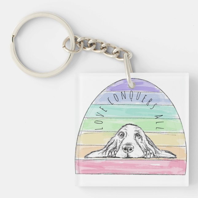 love conquers all dog rainbow basset hound  key ring (Front)
