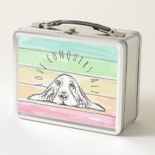 love conquers all dog rainbow basset hound  metal lunch box