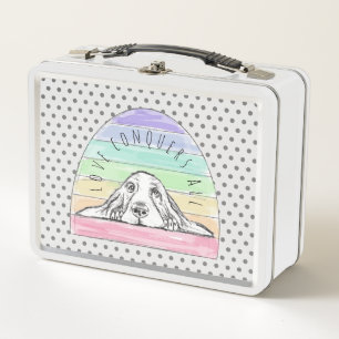 love conquers all dog rainbow basset hound  metal lunch box