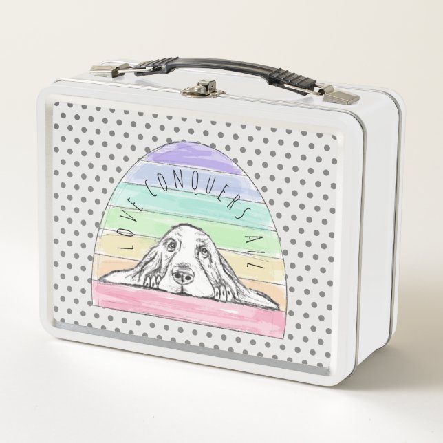 love conquers all dog rainbow basset hound  metal lunch box (Front)