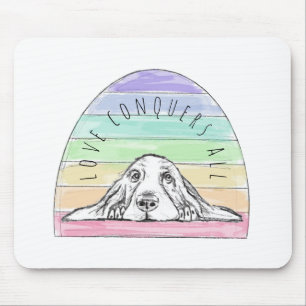 love conquers all dog rainbow basset hound mouse mat