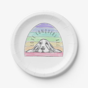love conquers all dog rainbow basset hound paper plate