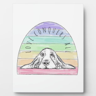love conquers all dog rainbow basset hound plaque