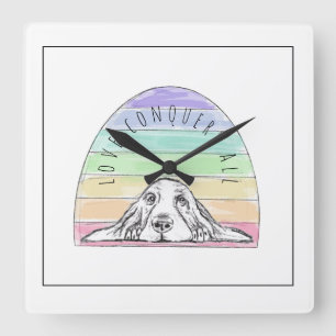 love conquers all dog rainbow basset hound square wall clock
