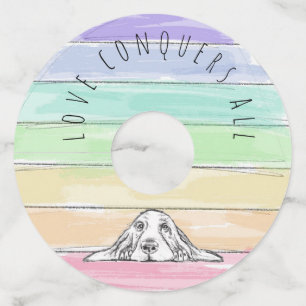 love conquers all dog rainbow basset hound wine glass tag