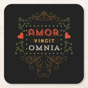 Love Conquers All - Vintage Latin Typography Square Paper Coaster