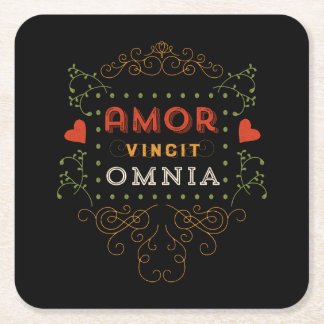 Love Conquers All - Vintage Latin Typography Square Paper Coaster