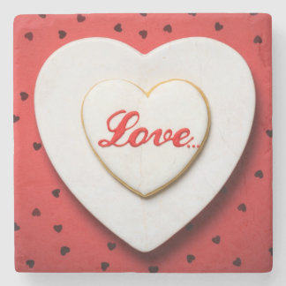 Love Cookie In Shape Of Heart On White Plate Stone Coaster