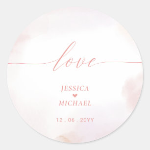 Love Coral Pink Heart & Watercolor Wedding Favou Classic Round Sticker
