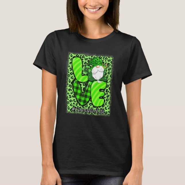 Love Counselor Life Leopard Shamrock Gnome St Patr T-Shirt (Front)