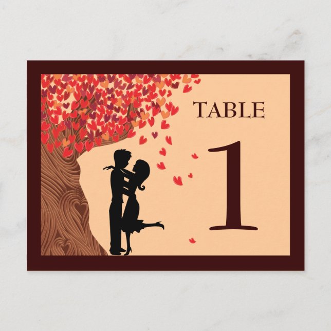 Love Couple Falling Hearts Oak Tree Table Number Postcard (Front)