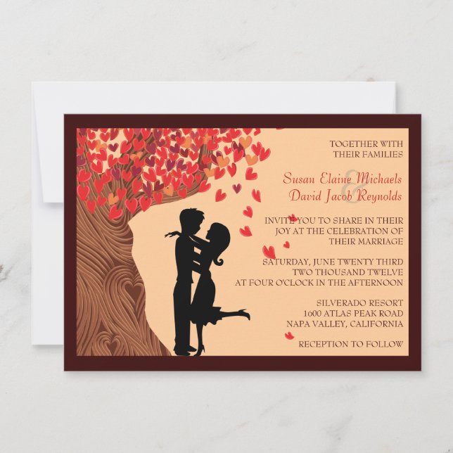 Love Couple Falling Hearts Oak Tree Wedding Invite (Front)
