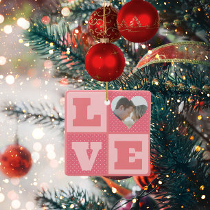 Love Couple Photo Pink Hearts Pattern Valentines Ceramic Ornament