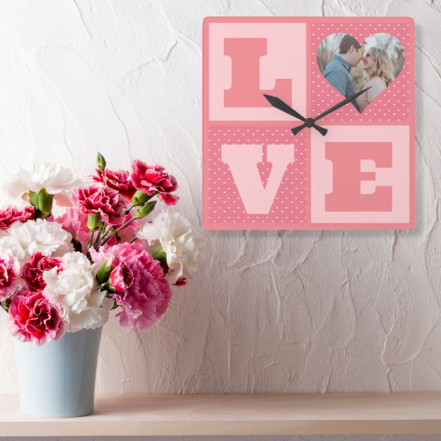Love Couple Photo Pink Hearts Pattern Valentines Square Wall Clock (Creator Uploaded)