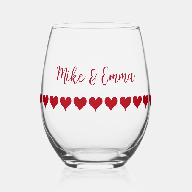 Love Couple Red Heart Theme Stemless Wine Glass (Front)