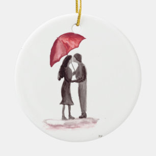 Love couple red umbrella painting ceramic tree decoration