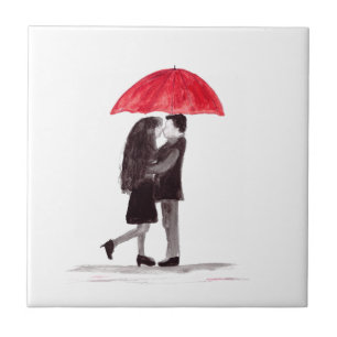 Love couple with red umbrella art tile