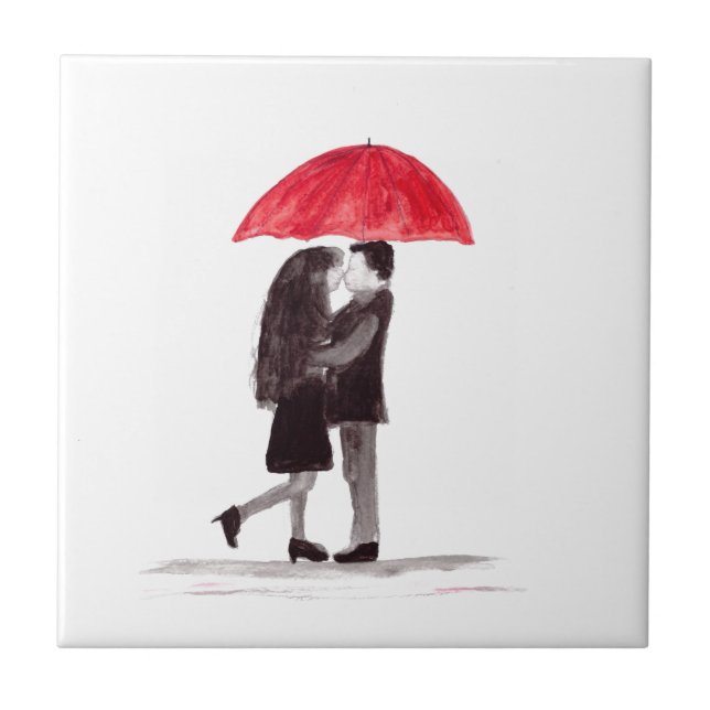 Love couple with red umbrella art tile (Front)