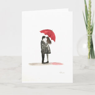 Love couple with red umbrella holiday card