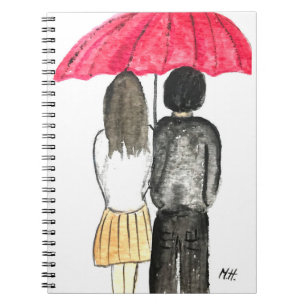 Love couple with red umbrella notebook