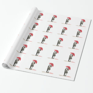 Love couple with red umbrella rustic wrapping paper