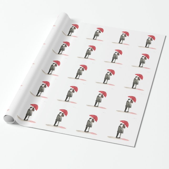 Love couple with red umbrella rustic wrapping paper (Unrolled)