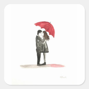 Love couple with red umbrella square sticker