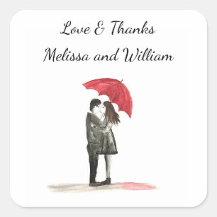 Love couple with red umbrella Wedding Newlyweds Square Sticker