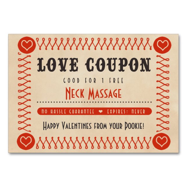 Love Coupons for Couples Valentines or Anniversary Table Number (Front)