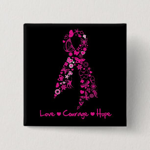 Love Courage Hope Butterfly Ribbon - Breast Cancer 15 Cm Square Badge