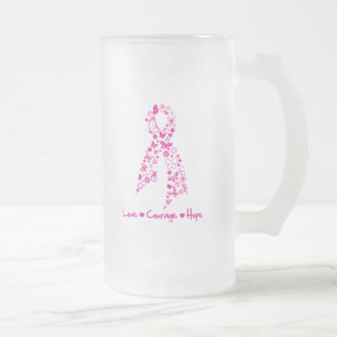 Love Courage Hope Butterfly Ribbon - Breast Cancer Frosted Glass Beer Mug