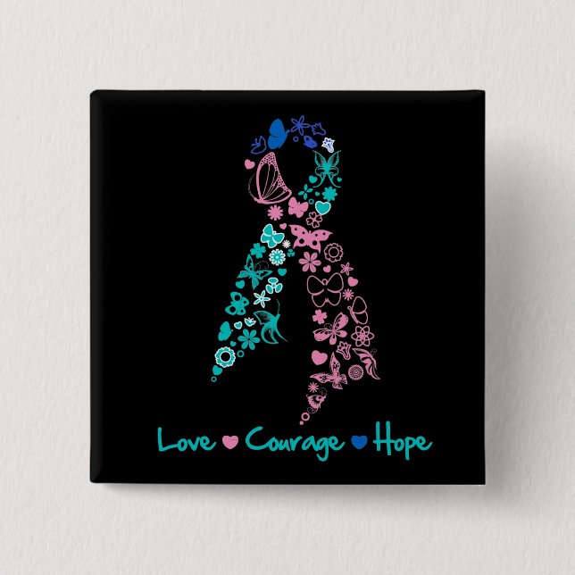 Love Courage Hope Butterfly -  Thyroid Cancer 15 Cm Square Badge (Front)