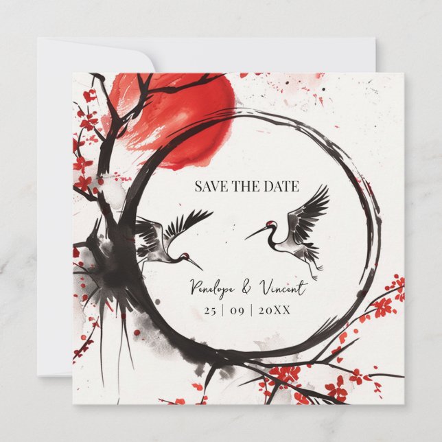 Love Cranes and Cherry Blossom Save the Date (Front)