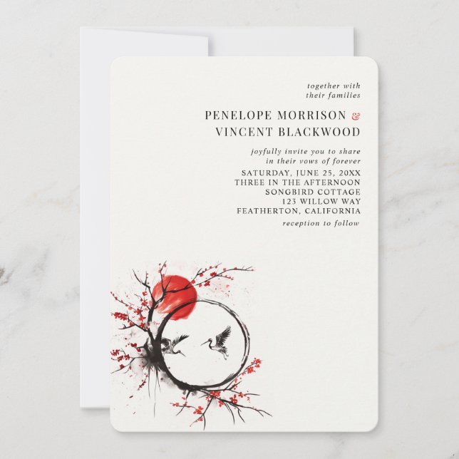 Love Cranes and Cherry Blossom Wedding Invitation (Front)