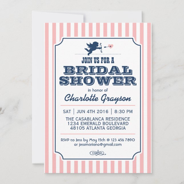 Love Cupid Invitation in Navy Blue and Pink (Front)