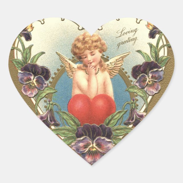LOVE CUPID WITH HEART AND PANSIES  Valentine's Day Heart Sticker (Front)